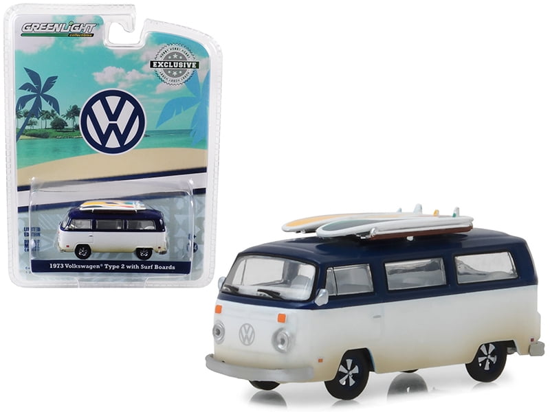 1973 Volkswagen Type 2 (T2B) Van with Surf Boards White and Blue Top Hobby Exclusive 1/64
