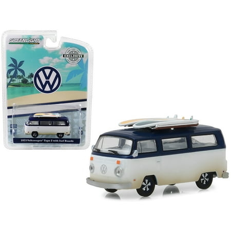 1973 Volkswagen Type 2 (T2B) Van with Surf Boards White and Blue Top Hobby Exclusive 1/64 Diecast Model by