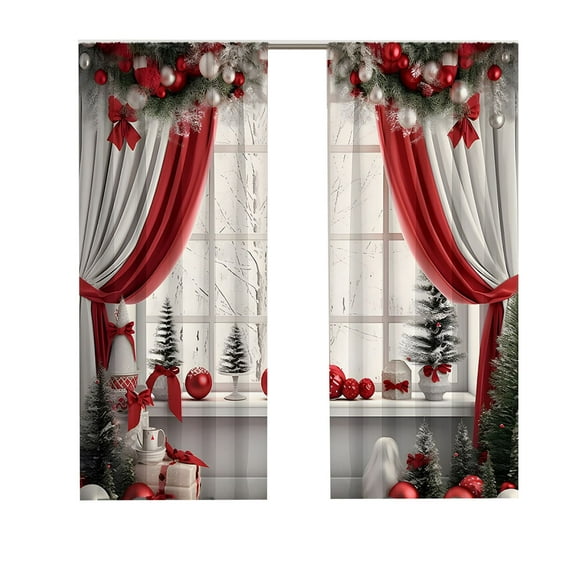 Beautynvta Christmas Window Curtains, Snowy Winter Scene Christmas Tree Printed Curtains, Holiday Decor Drapes for Living Room, 65.3''x29.5'', 2 Panel Set