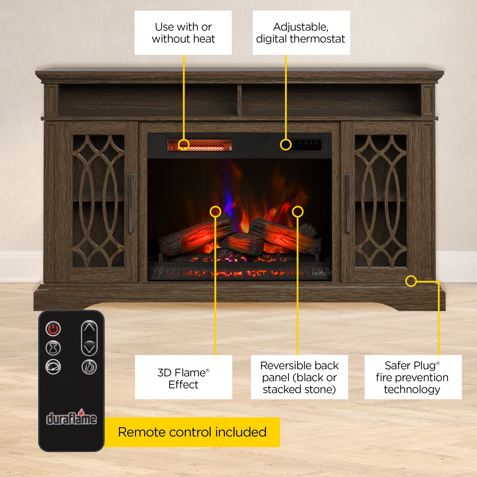 duraflame® Electric Fireplace TV Stand, Farmhouse Entertainment Center with Storage and Infrared Heater, Laurel Oak