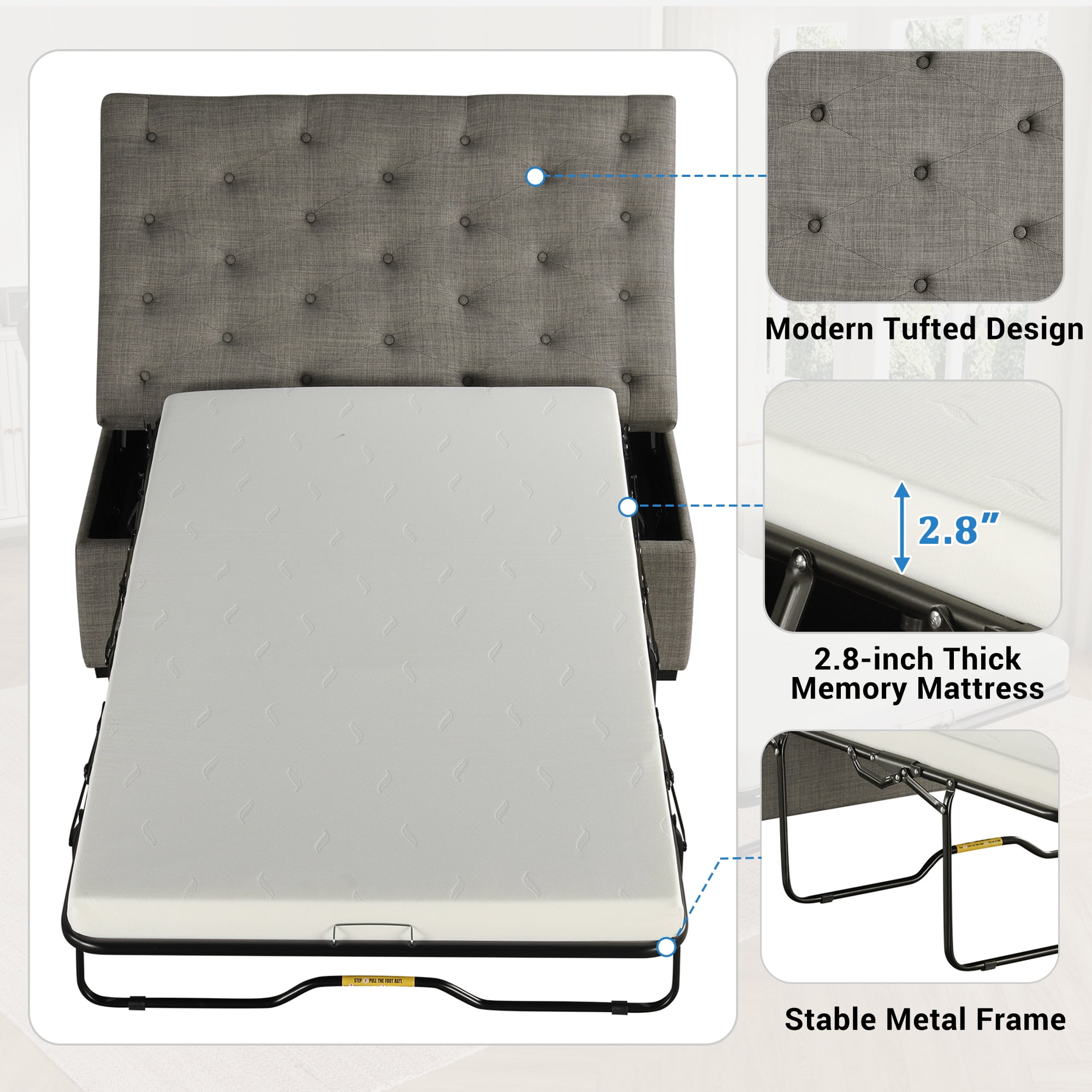 Euroco Convertible Ottoman Sleeper Bed with Memory Foam Mattress, Folding Twin Bed for Guests, Tufted Linen Upholstery, Iron Frame, Space-Saving Sofa Bed