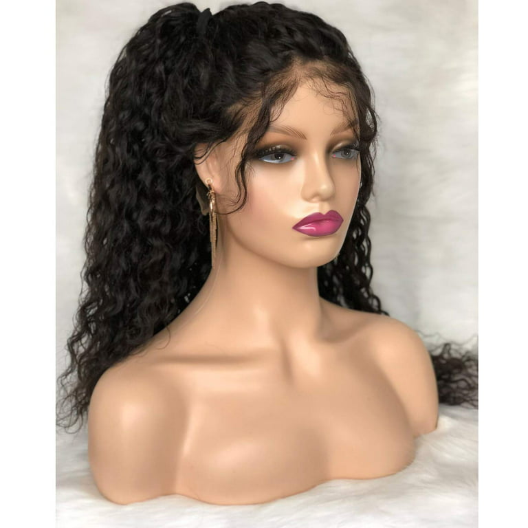 Voloria Realistic Female Mannequin Head with Shoulder Manikin PVC Head Bust Wig Head Stand with Makeup for Necklace Earrings Dark Brown Color