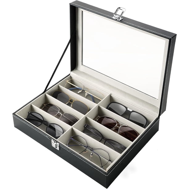 Organizador de gafas de sol, coleccionista de gafas de cuero con 8 ranuras, cajón de exhibición de gafas de sol, organizador de estuche con cerradura