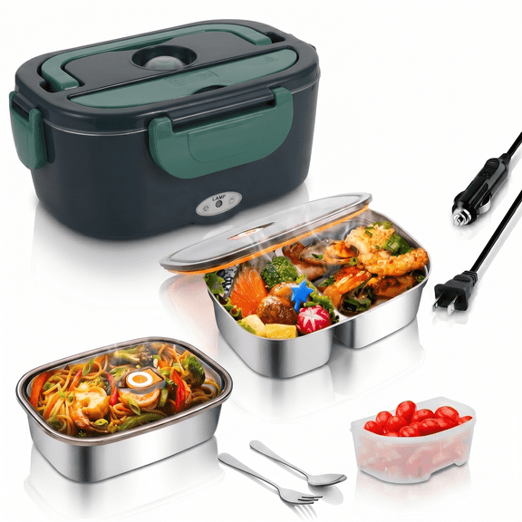Electric Lunch Box With Dual Inner Containers, 3in 1 Ultra Heated Lunch Boxes, With Leakproof Removable Container, Cutlery & Insulated Cooler Bag For Car, Truck, & Meal Heating, Travel Food Warmer