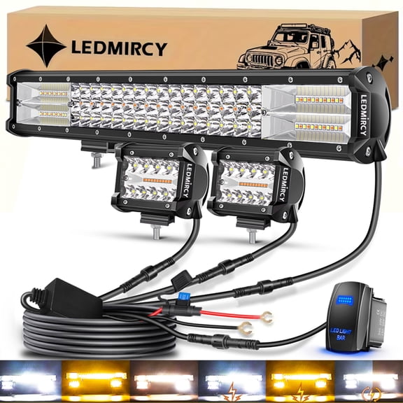 LEDMIRCY 20Inch LED Light Bar and 4Inch LED Pod Lights 6 Modes Strobe White Amber Off Road Lights with Memory Function Spot Flood Combo Dual Color Driving Work Lights for ATV UTV SUV Trucks Pickup