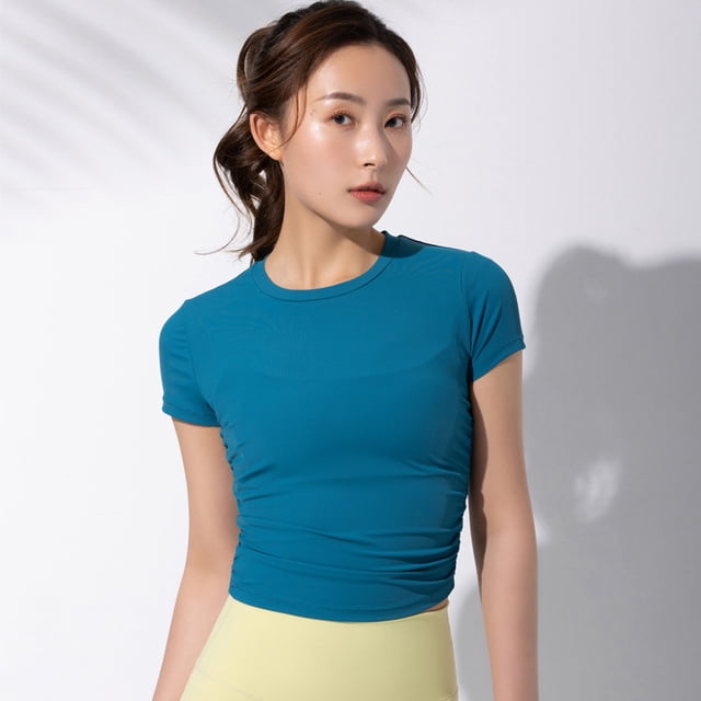 Camiseta deportiva de manga corta transpirable y de secado rápido para mujer, ajustada, de seda helada, para yoga, correr, para mujer