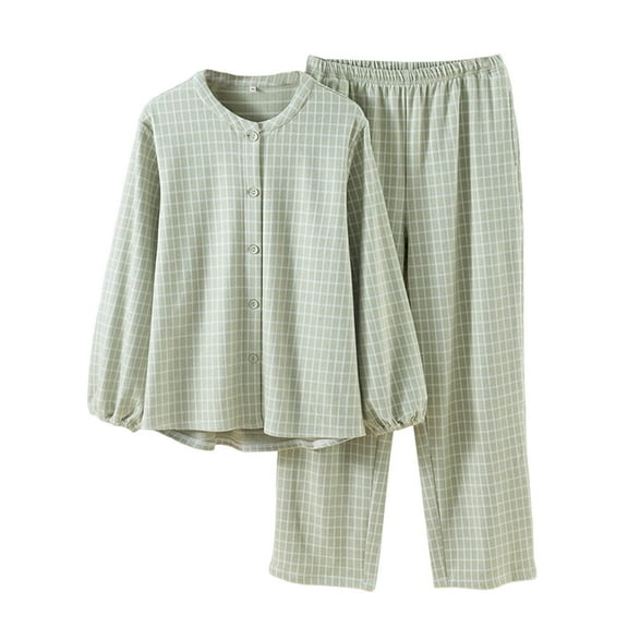 Lopecy-Sta Two Piece Lounge Sets for Women Fall Winter Plaid Fleece Pajama Set Long Sleeve Shirt Button Down Pj Sleepwear