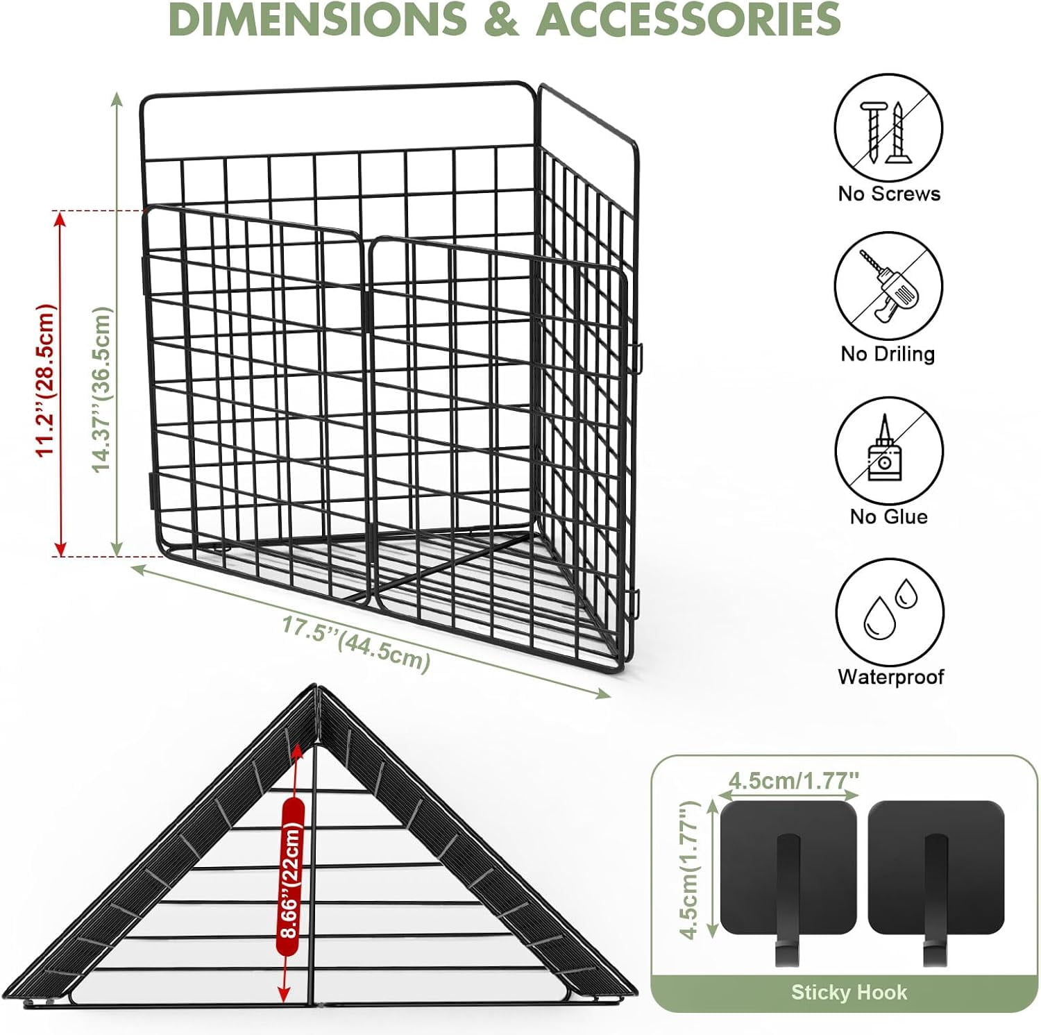 Corner Bath Toy Storage Organizer, Large Rustproof Metal Wire Basket, Foldable Wall Mounted Hanging Bathtub Holder with Drainage, No Drilling Adhesive Shower Caddy for Bathroom Tub