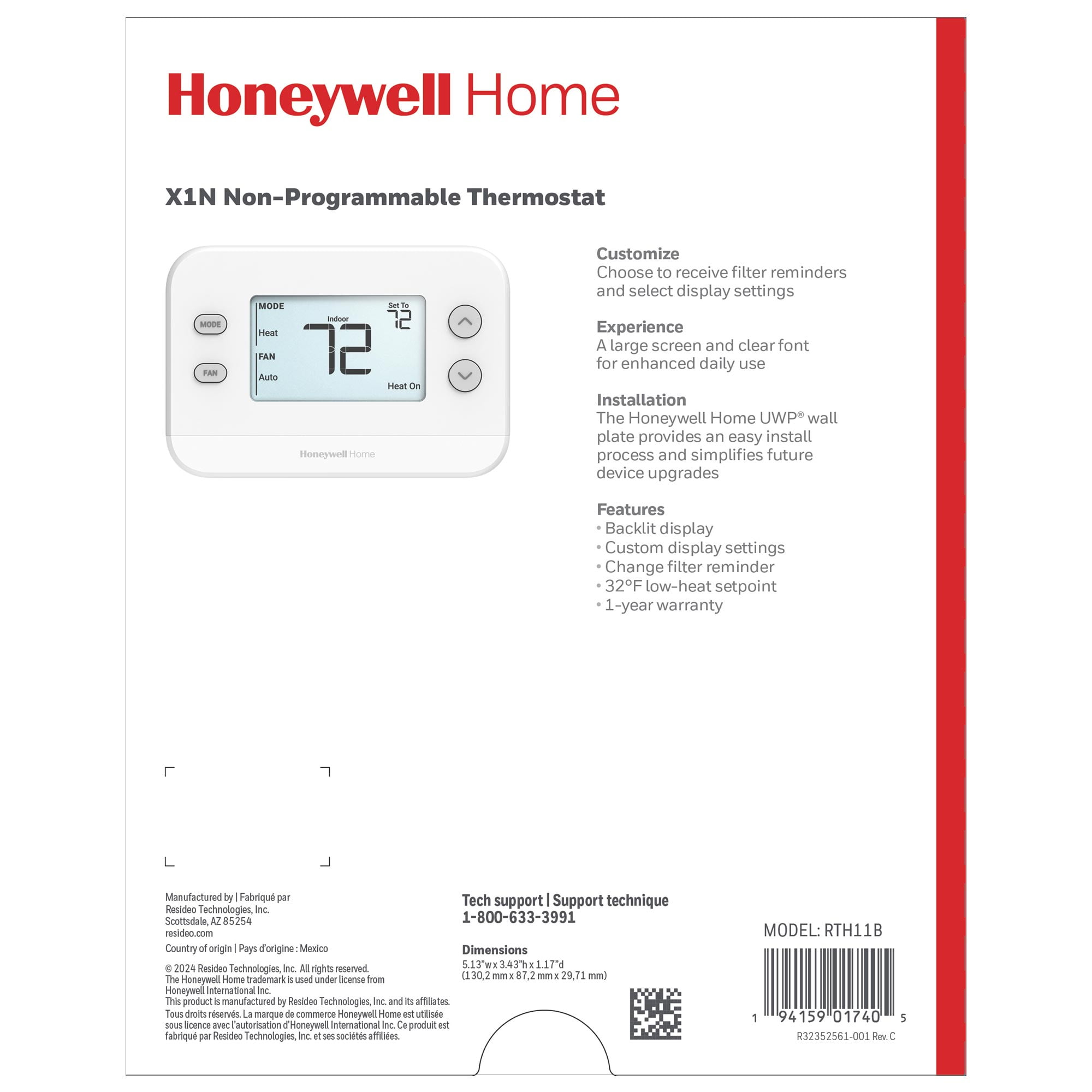 Honeywell Thermostat, Non-Programmable Thermostat, White, RTH111B1024/E1