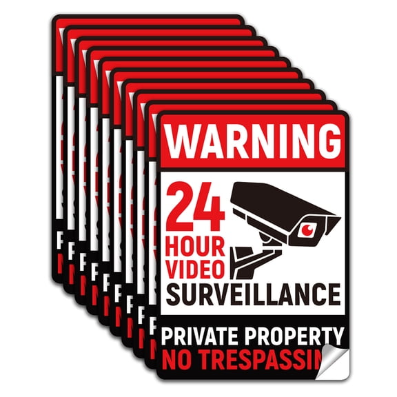 10pcs Private Property No Trespassing Sign Sticker PVC Waterproof 24 Hour Video Surveillance Warning Stickers Decal for Business Home Self Adhesive Sign for Indoor Outdoor 5.1x7.1 Inch