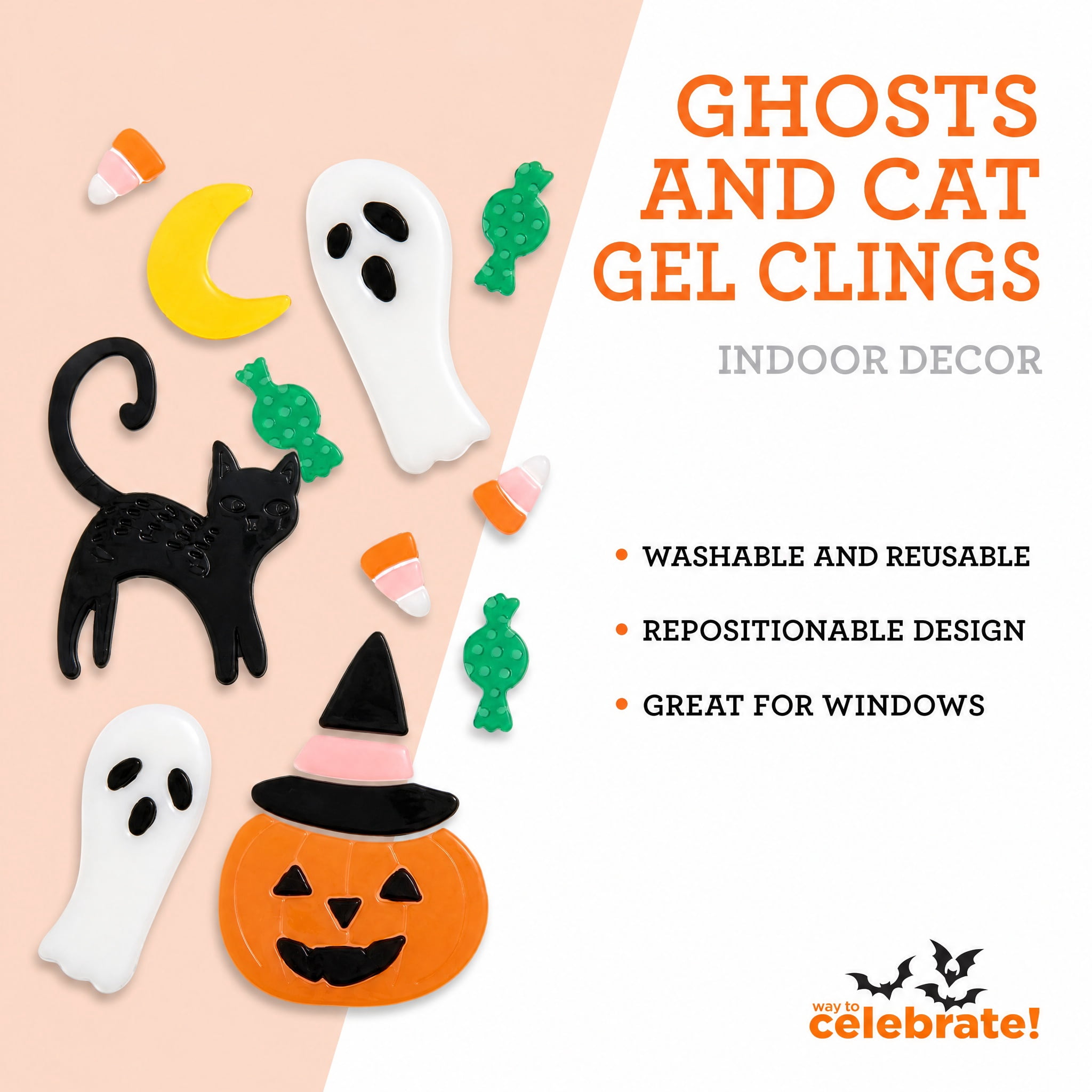 Ghosts and Cat Gel Clings, Multicolor, 5.5" x 12.1", Halloween by Way To Celebrate