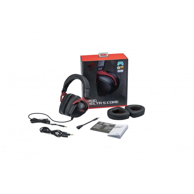 asus audífonos gamer rog delta s core 7.1 alámbrico en negro y rojo, audífonos gaming circumaurales con diadema acolchada y copas con logo ROG, cable de 1.5 m con conector 3.5 mm, micrófono boom desmontable unidireccional, accesorios incluidos y caja sobre fondo blanco.