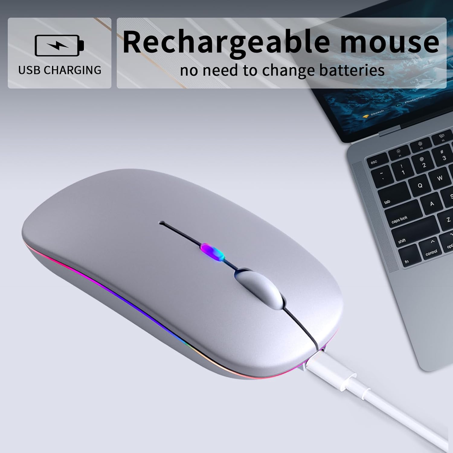 Wireless Bluetooth Mouse – Rechargeable, Silent, Dual Mode (Bluetooth 5.2 & USB) with LED Lights – Portable for Laptop, Desktop, & Tablet(Black)