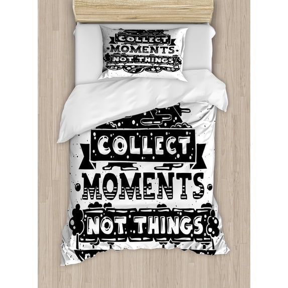 Saying Duvet Cover Set Twin Size, Collect Moments Not Things Calligraphy in a Monochrome Layout Floral, Decorative 2 Piece Bedding Set with 1 Pillow Sham, Charcoal Grey White, by Ambesonne