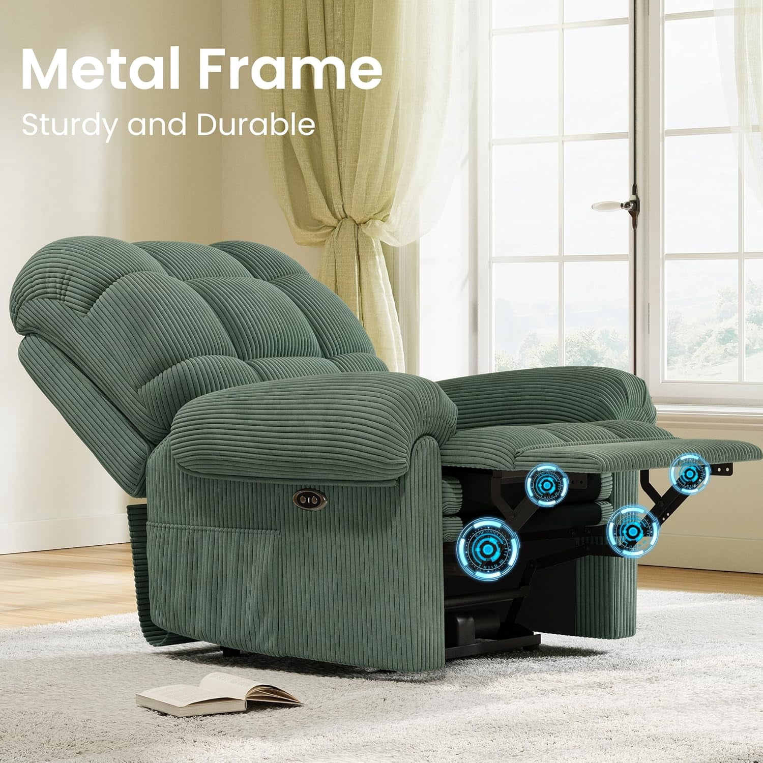 Neche Electric Recliner Chair, Comfy Lay Flat Sofa for Small Spaces, Living Room, One Box, Green