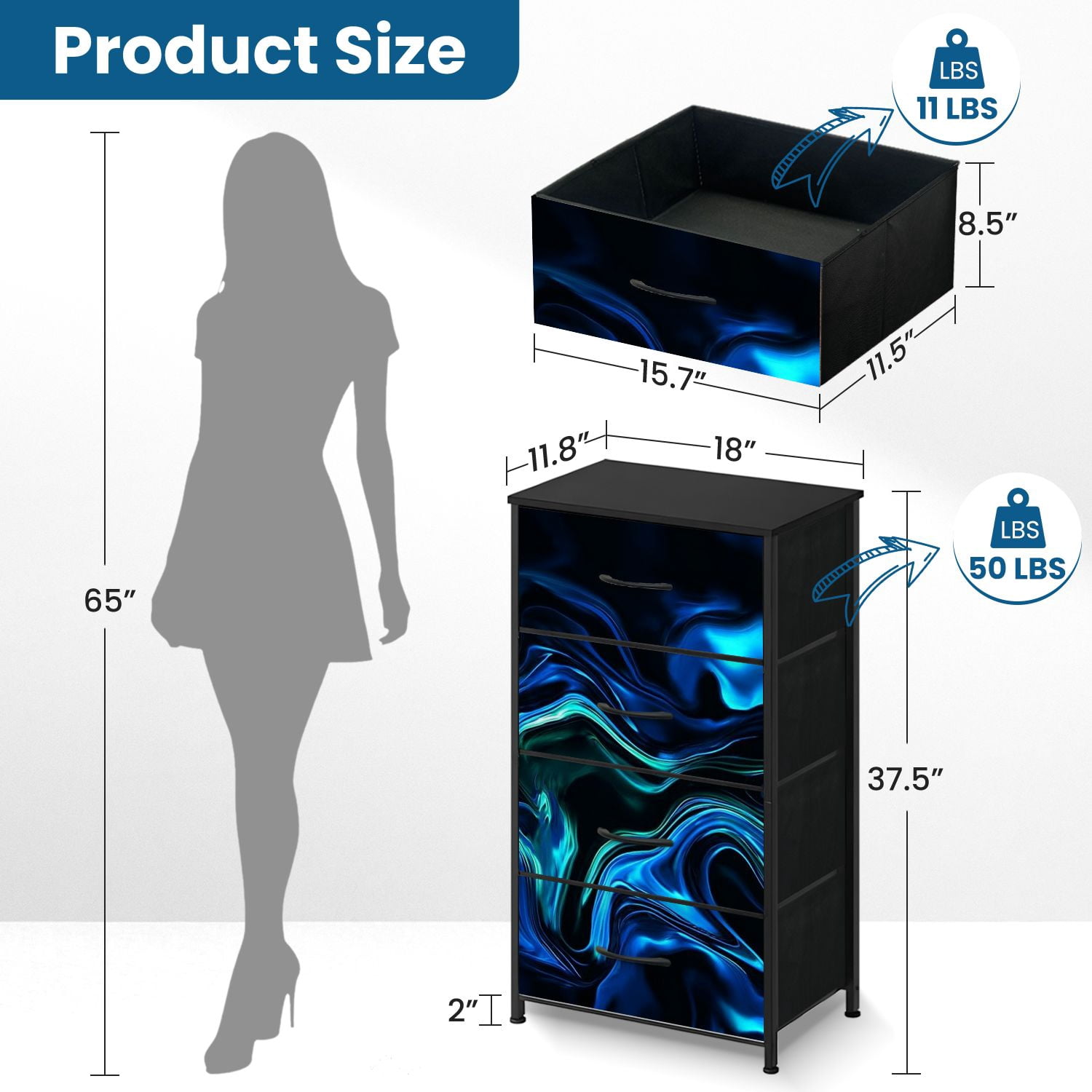 Boho Dresser for Bedroom with 4 Storage Drawers Marble Neon Blue Green Abstract Texture Black Multi Colored Paper Dressers Chest of Drawers Steel Framed Fabric Closet Organizers for Entryway