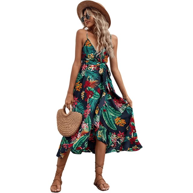 Vestido largo con estampado tropical y cinturón para mujer, cuello en V, sin mangas, con vuelo Azul marino M Azul marino M Xishao ropa