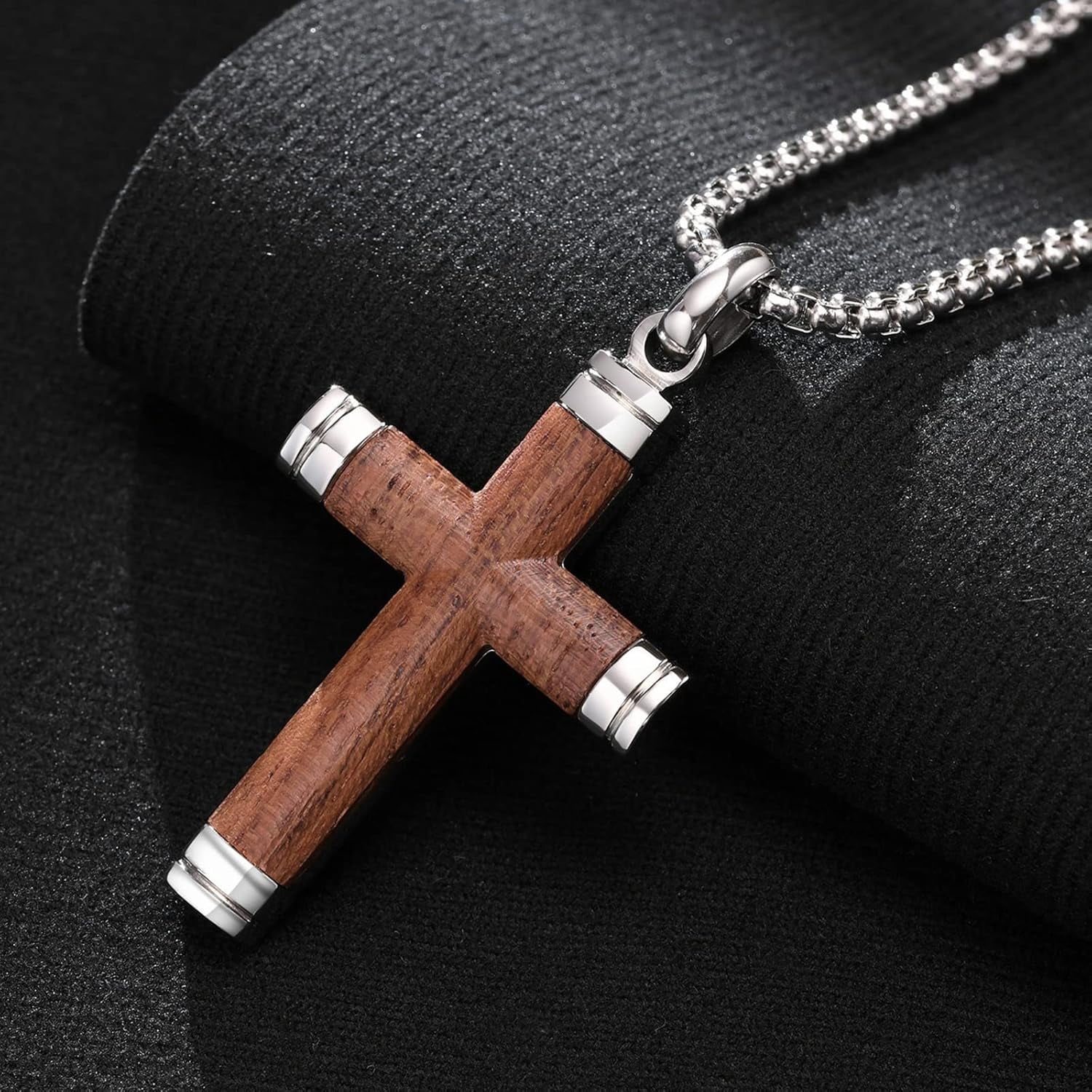 Wollet Wooden Cross Necklace Pendant for Men- Stainless Steel Chain, Mens Wood Jewelry Christian Baptism Crucifix Pendant