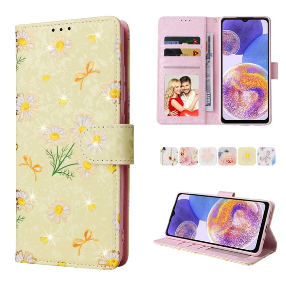 Nalacover Wallet Case for Samsung Galaxy A23 5G, Bling Flower Pattern PU Leather Wrist Strap Handbag Magnetic Clasp Flip Cover with Kickstand Card Slots Holder Soft TPU Shockproof Case,Yellow Daisy