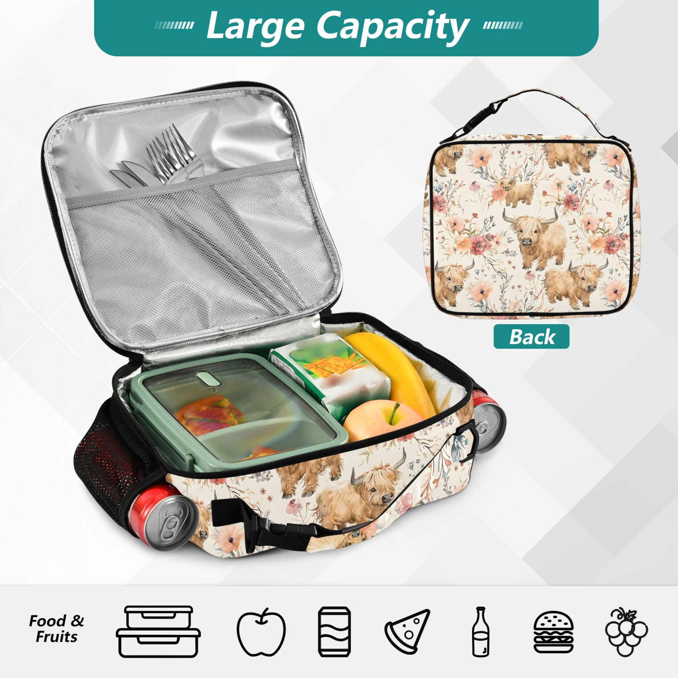 ALAZA Cute Highland Cows Lunch Box Insulated Lunch Bag Cooler Tote with Shoulder Strap
