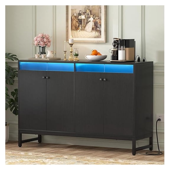 Sideboard Buffet Cabinet with Power Outlet, Kitchen Storage Cabinet with LED Light & Doors, Accent Cabinets Cupboard Buffet Table with Storage for Dining Room, Living Room, Hallway, Black