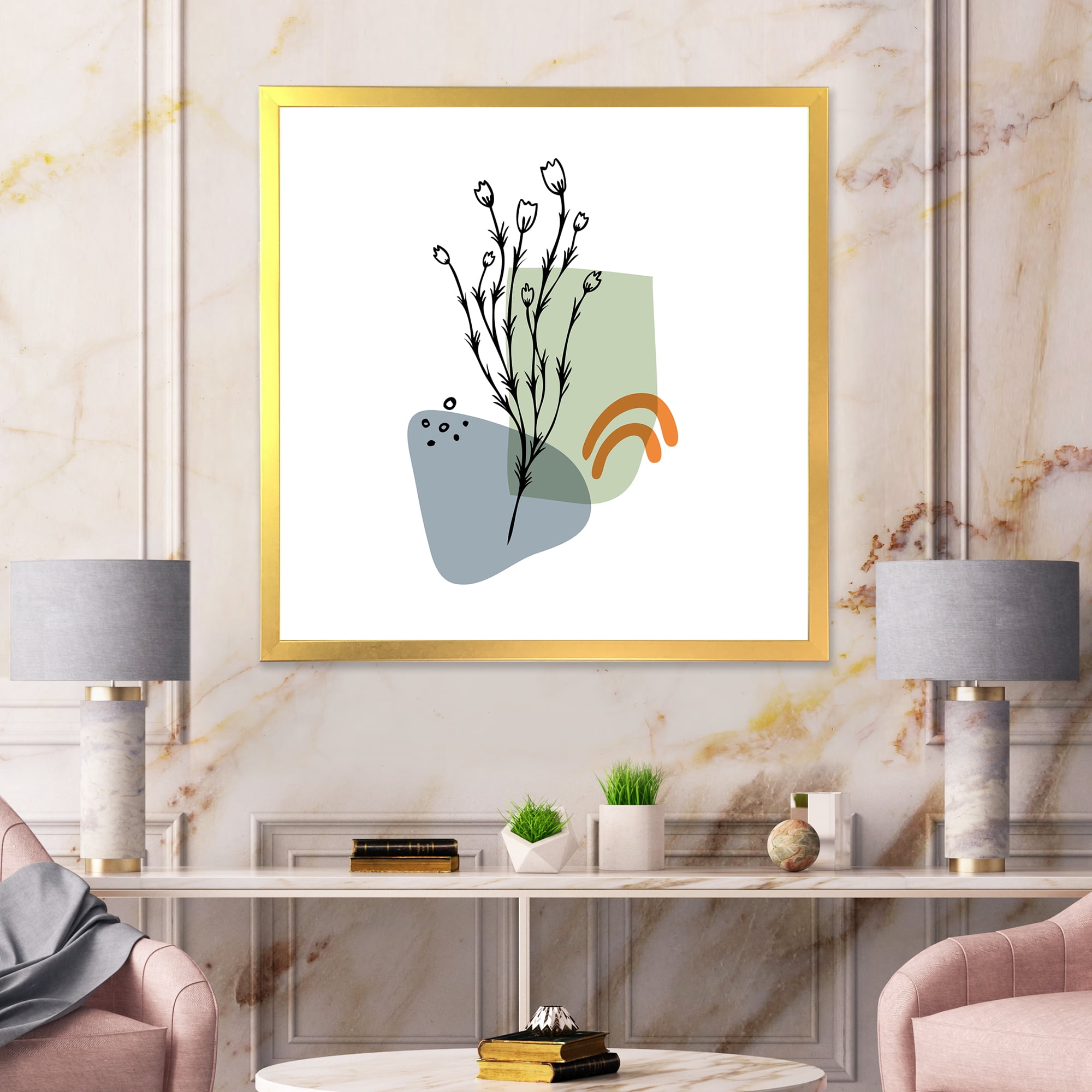 Designart 'Abstract Minimal Shapes Under Flowers II' Modern Framed Art Print