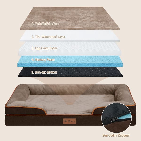 Orthopedic Dog Bed Brown With High Support For Small And Large Breeds - Breathable, Waterproof Memory Foam Bed With Elevated Sides, Featuring A Removable And Washable Cover, And A Non-Slip Base
