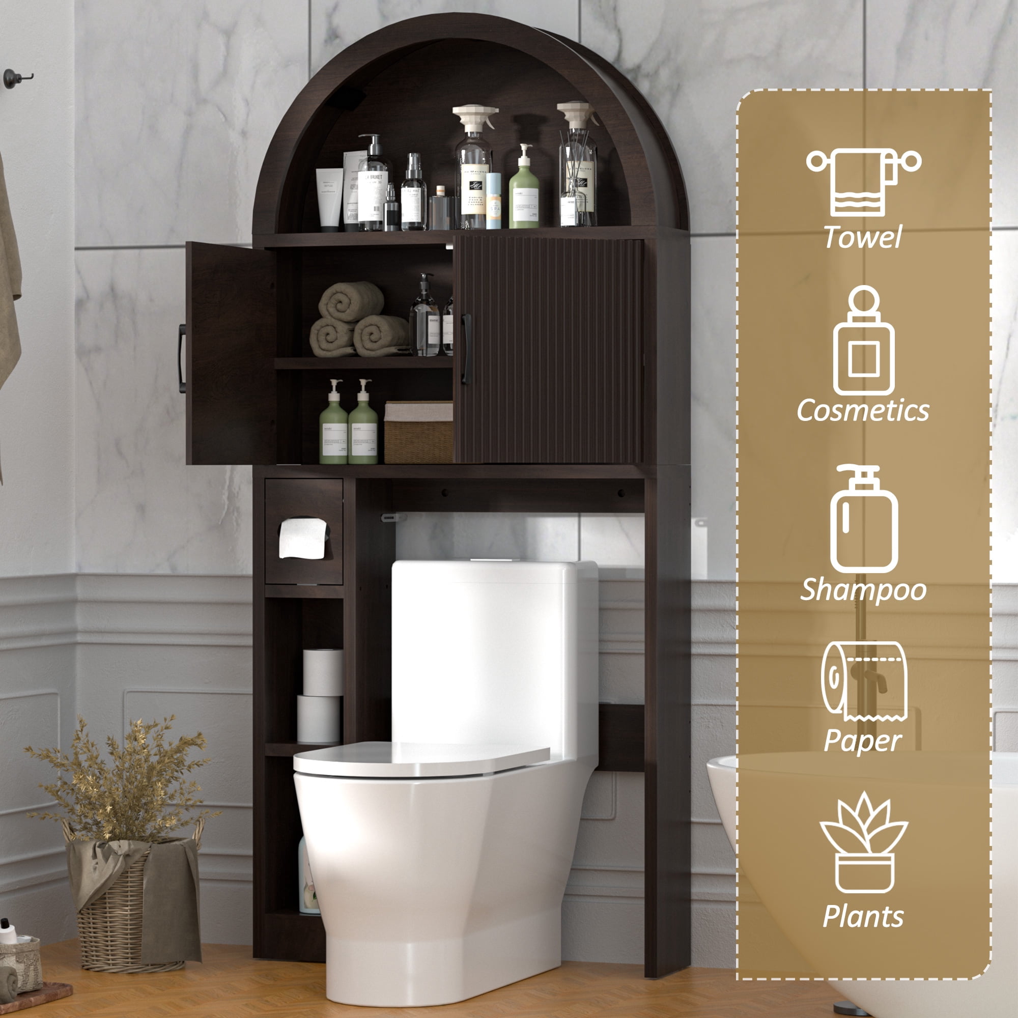 HARIPUL Over The Toilet Storage Cabinet w/ Unique Wood Grain & Arc Design, Freestanding Bathroom Shelf Organizer Space Saver w/ Doors & Anti-Tip Device, Coffee Color