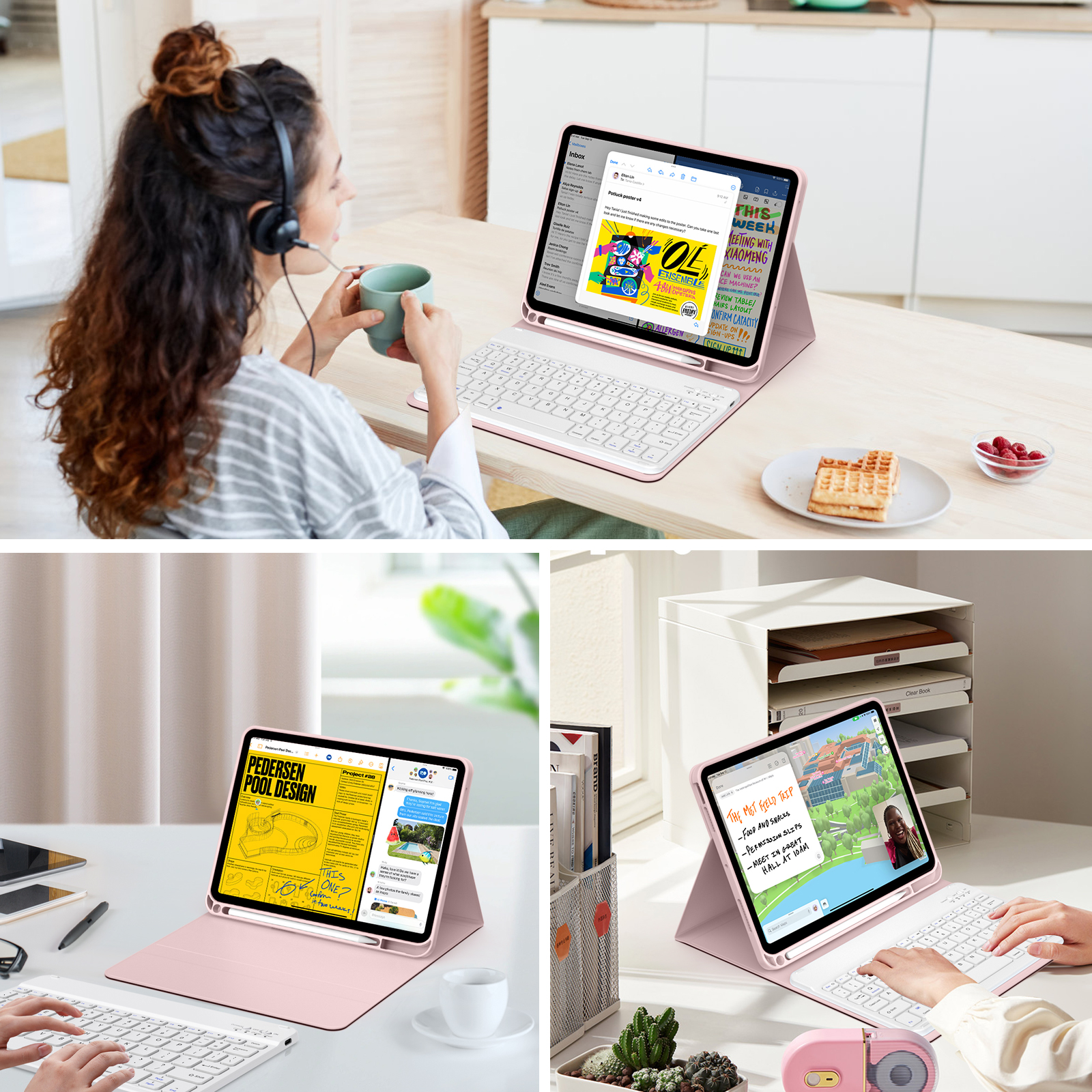 Aoub Keyboard Case for iPad (A16) 11th 10th Generation 2025 2022 with Pencil Holder, Detachable Wireless Bluetooth Rechargeable Keyboard Cover, Pink