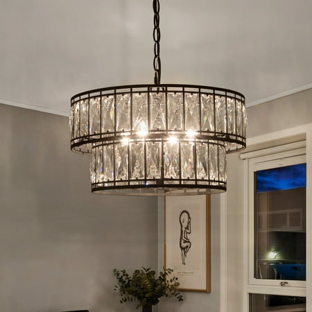 

Cirstal Modern Glam Crystal Black 4-Light Tiered Drum Chandelier for Dining Room - D15.5 xH10.5