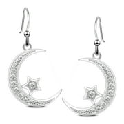 Sterling Silver Crescent Moon & Star Dangle Earrings for Women Girl