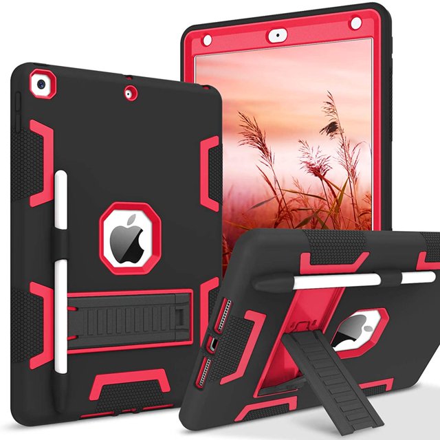 QJUHUNG Étui pour iPad 9e Génération Étui pour iPad 8e Génération Étui pour iPad 7e Gén. Étui iPad 10,2” 2021/2020/2019 3 en 1 Robuste Résistant Anti-Choc Étui de Protection avec Support Porte-Stylo Rose