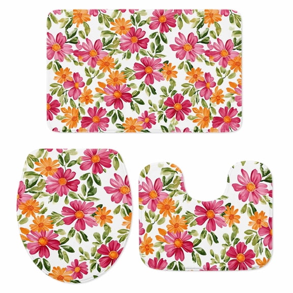 Pink Orange Floral Bath Mat 3 Piece Bathroom Rug Set, Spring Blossom Botanical Flowers Non Slip Bath Rug Contour Mat and Toilet Lid Cover, Absorbent Shower Mats Soft Bath Rugs and Mats Sets