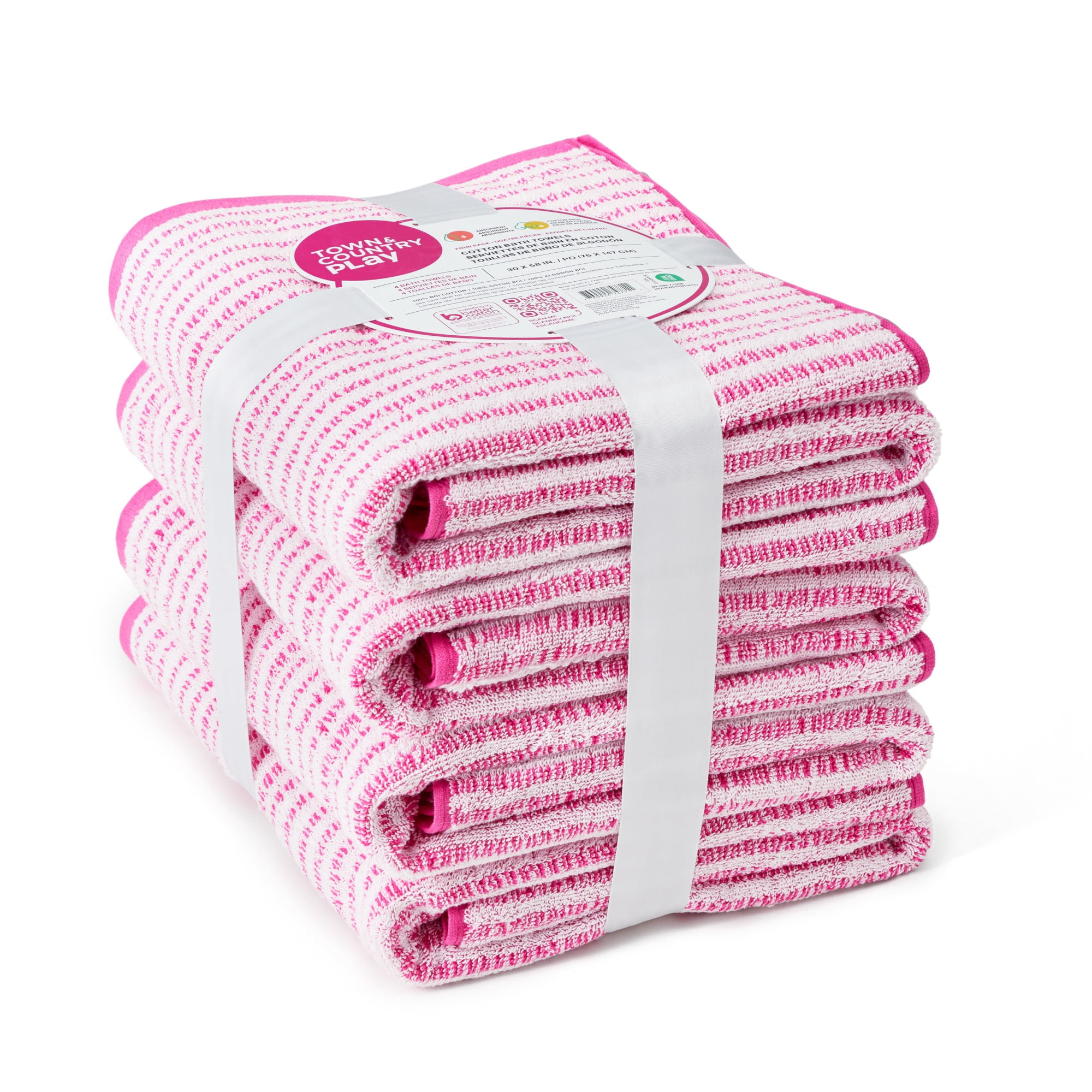 TOWN & COUNTRY PLAY 4-Piece Striped Reversible Terry Brights Bath Towel Set, 30"x58", 100% BCI Cotton, Plush & Absorbent 550GSM, Flamingo Pink