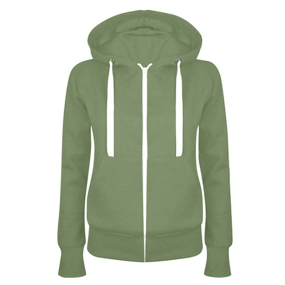 VANLOFE Women's Army Green Hoodies Fashion Women Casual Hooded Slim Zipper Fleece Sweater Coat Long Sleeve Solid Color Coat L(S-2XL)