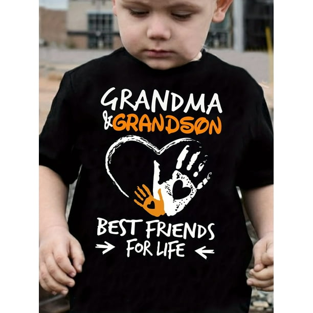 Chicfull Boys' Fashion "Grandma & Grandson Best Friends for Life" Letter Print T-Shirt - Casual Black Crew Neck Short Sleeve Tee with Heart & Hand Design, 100% Polyester, Machine Washable - Perfect f