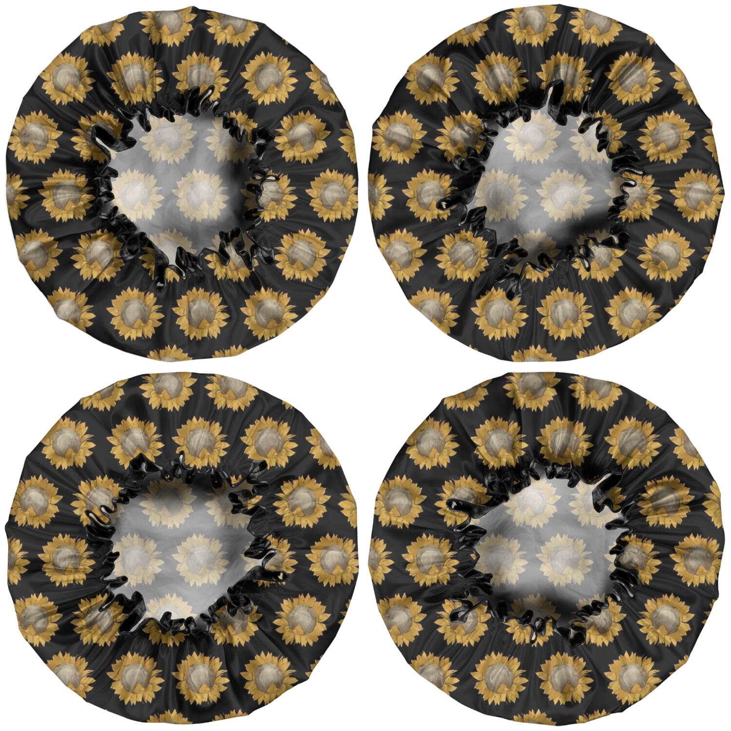 Shower Caps,Black Yellow Sunflower Pattern Waterproof Shower Cap for Women 4 Pieces,Double Reusable Hair Cover for Shower PEVA Elastic Stretch Hem
