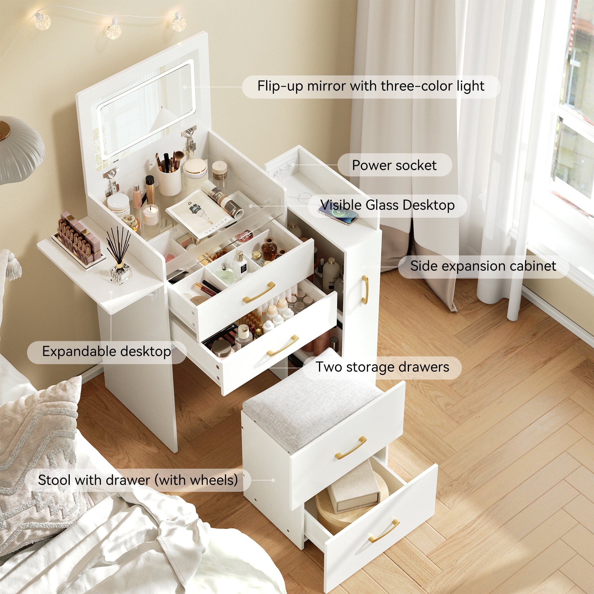3 in 1 Vanity Desk with Plip Top Mirror and 3 Color LED Lighted, Small Vanity Desk with Power Outlet, Compact Makeup Vanity with 3 Drawers & Cabinet, Storage Stool,for Bedroom