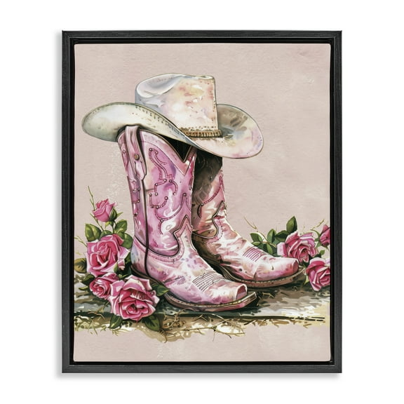 Stupell Industries Glam Bling Cowgirl Boots Plants & Flowers Painting Black Floater Framed Canvas Art Print Wall Art, 17 x 21