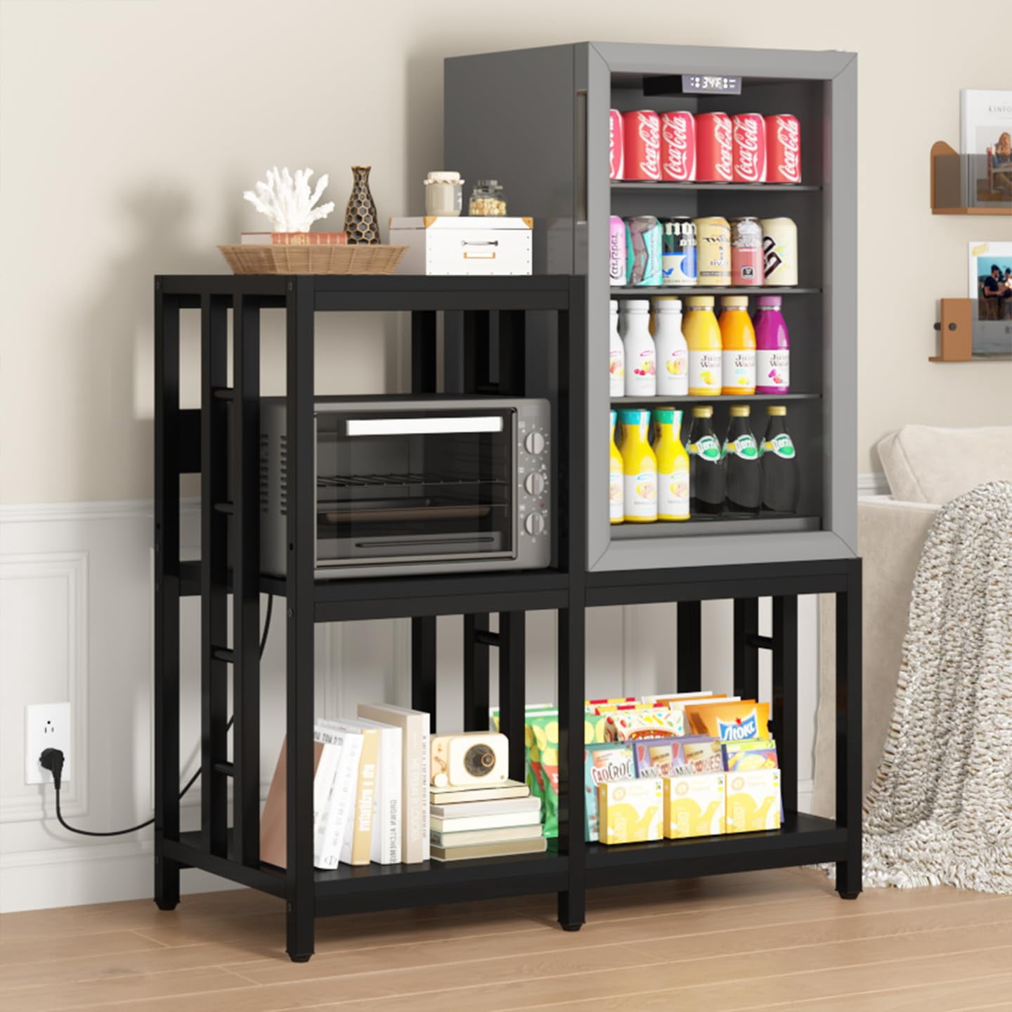 Mini Fridge Stand with Storage with Power Outlet, Microwave Oven Stand, Bakers Rack with Storage Shelf, Mini Fridge Cabinet, Mini Fridge Shelf for Kitchen, Living Room, Office, Patio.(Black)
