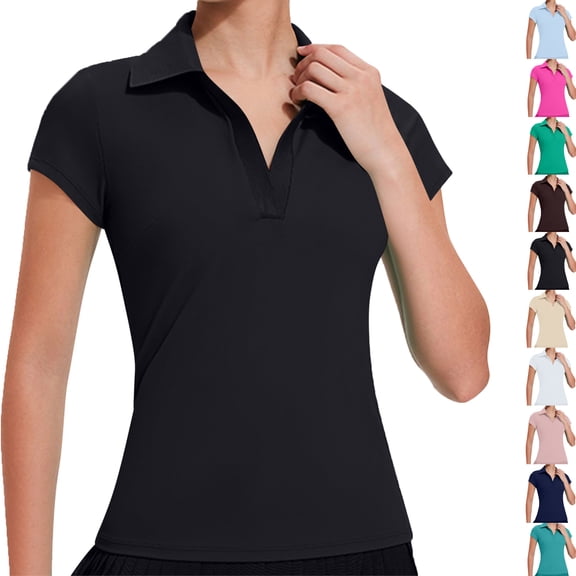 Gealkoca Women's Short Sleeve Golf Shirts Tennis Shirts Sport T-Shirts Workout Tops Business Casual V Neck Collared Shirt Tennis Work Tops