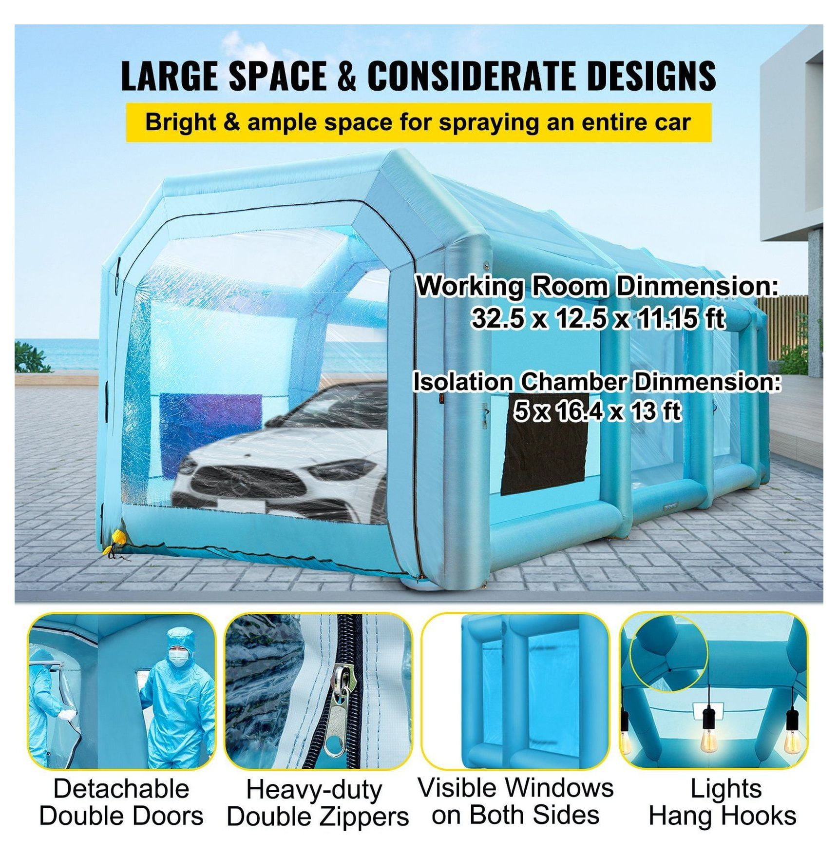 Inflatable Paint Booth 39.4x16.4x13.1ft - Portable Spray Booth Tent with 2 Blowers - Car Motorcycle Painting Booth - Oxford Fabric & PVC