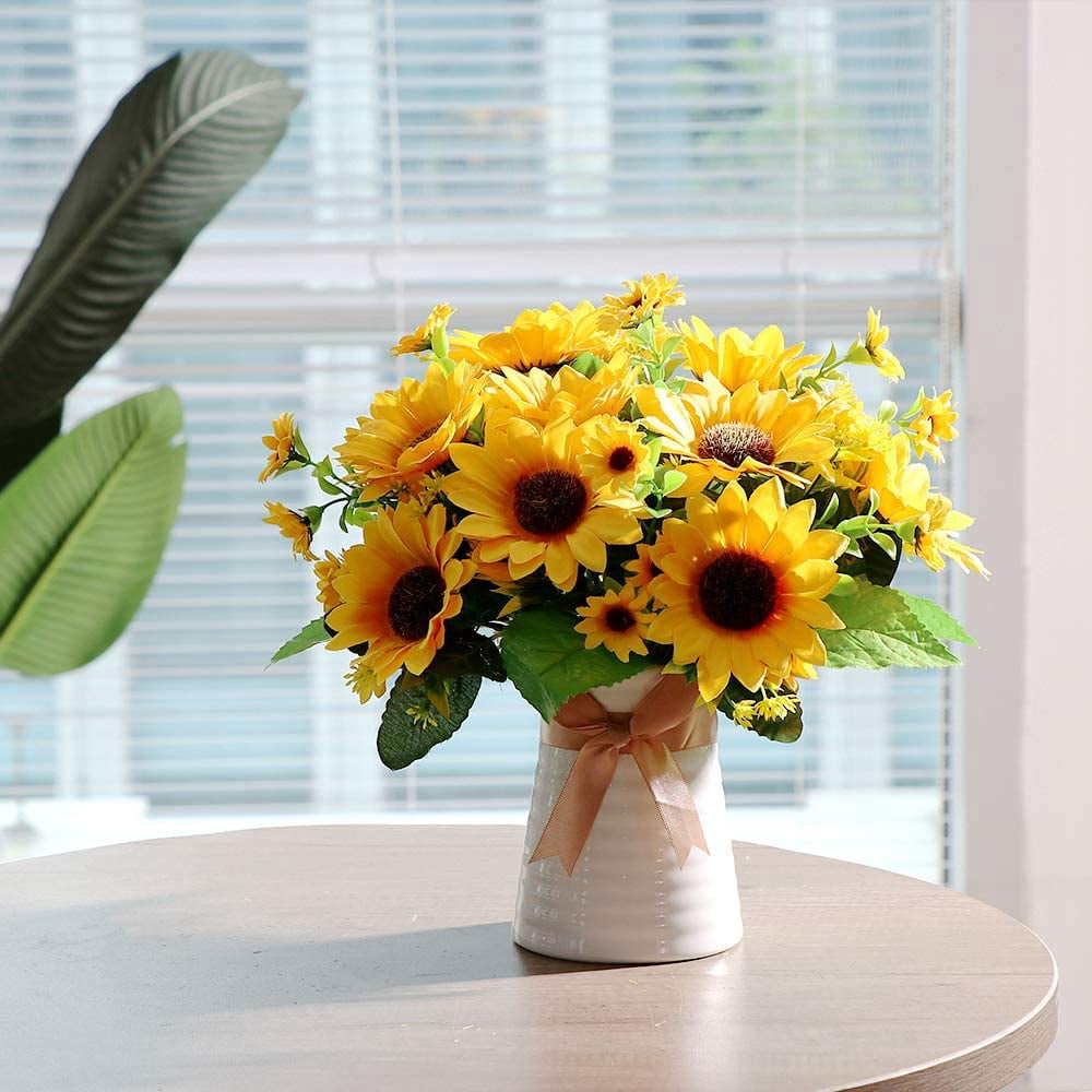 Fall Artificial Flowers in Ceramics Vase, Silk Flower Arrangements, Faux Sunflowers Bouquets with Vase for Desktop Decoration (Ripple Ceramic Sunflower)