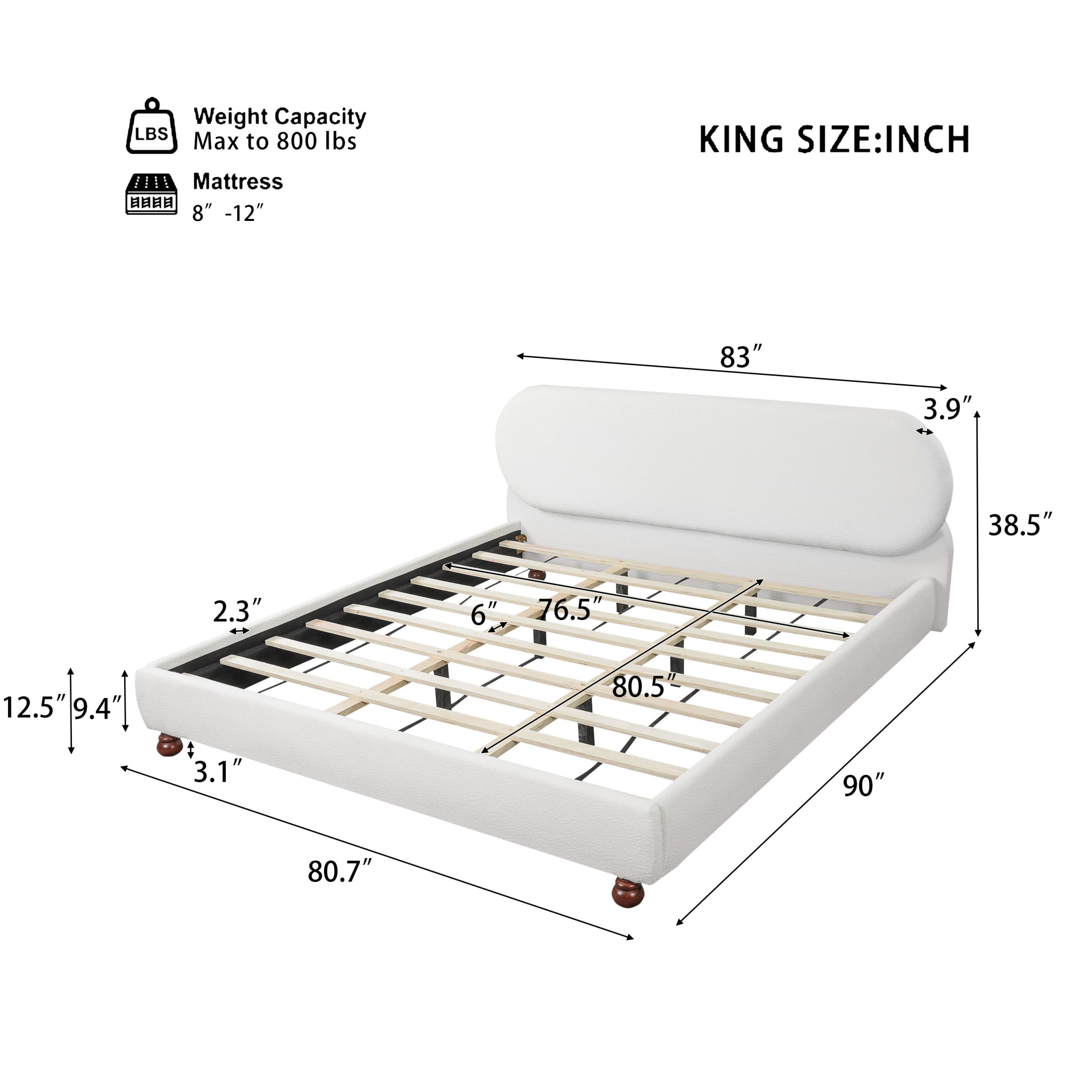 Christopher Knight Home Modern King Boucle Upholstered Bed Frame with Rubberwood Legs, White