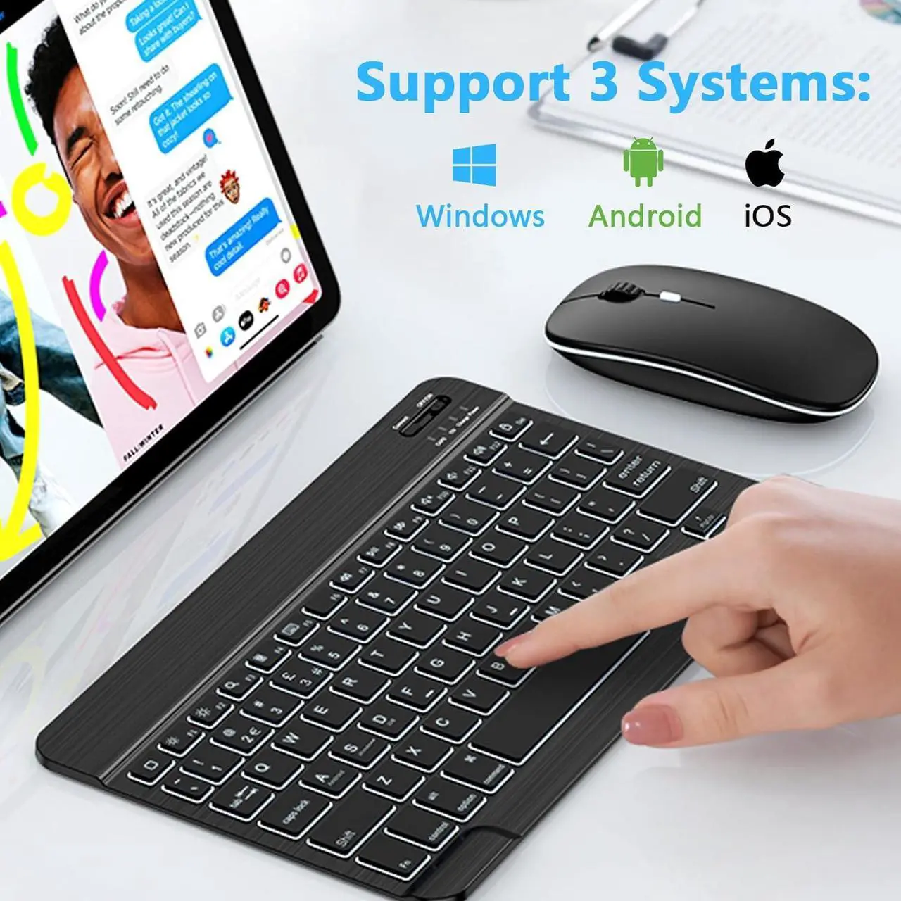 Bluetooth Keyboard and Mouse Combo with 7-Color Backlit, Rechargeable Wireless Keyboard for iPad/Samsung/Tablet/PC/Laptop/iPhone/iOS/Windows/Android