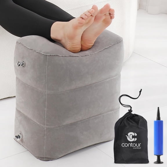 Contour Comfort Inflatable Travel Foot Rest, Airplane Leg Support with Hand Pump and Carry Bag, Grey