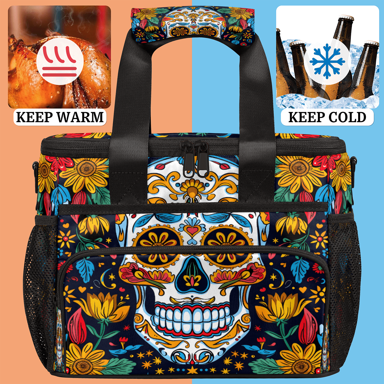 Herdesigns Sugar Skull Gothic Halloween Large Lunch Box for Adults Women Men with Adjustable Shoulder Strap, Insulated Reusable Lunch Bag Leakproof Cooler Tote Bag