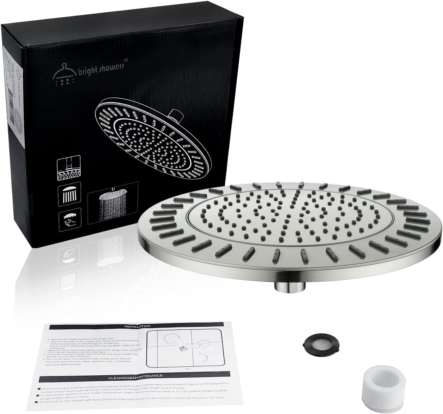BRIGHT SHOWERS Rain Shower Head, 9 inch High Pressure Waterfall Showerhead with Adjustable Angle and Anti-clogging Silicone Nozzles, Luxury Bathroom Overhead Rainfall Shower Head, Brushed Nickel