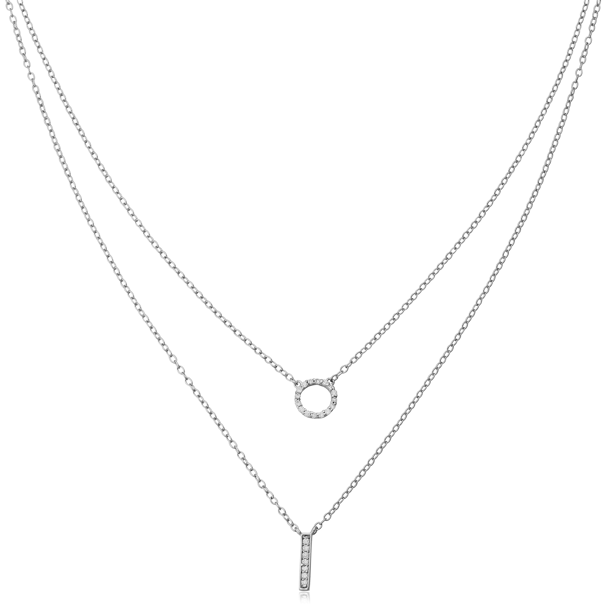 Sterling Silver with Cubic Zirconia Bar and Circle Layered Necklace (16