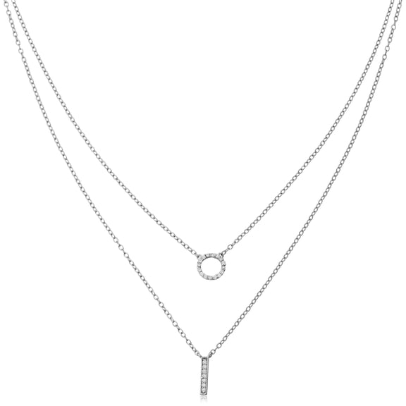KoolJewelry Sterling Silver with Cubic Zirconia Bar and Circle Layered Necklace (16 inch)